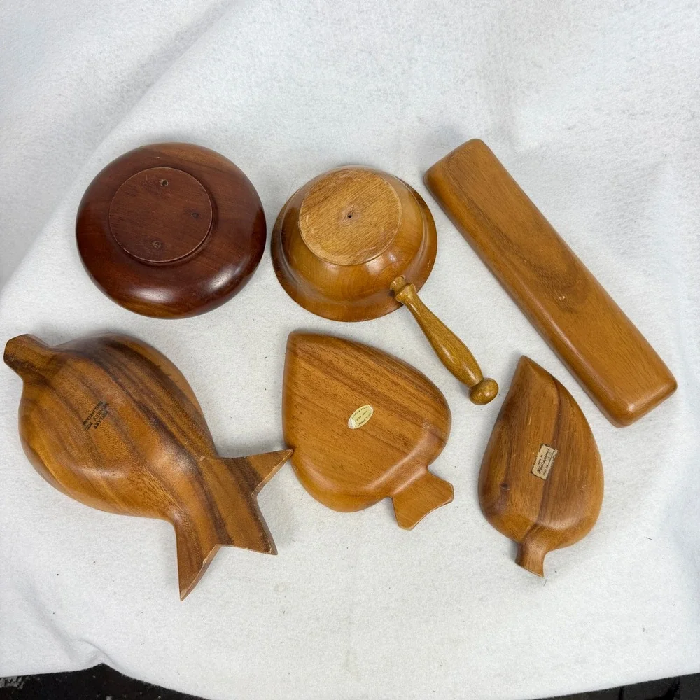 Lot of 6 Vintage Monkey Pod Wood Serving Set Mid-Century Snack Bowl Decorative
